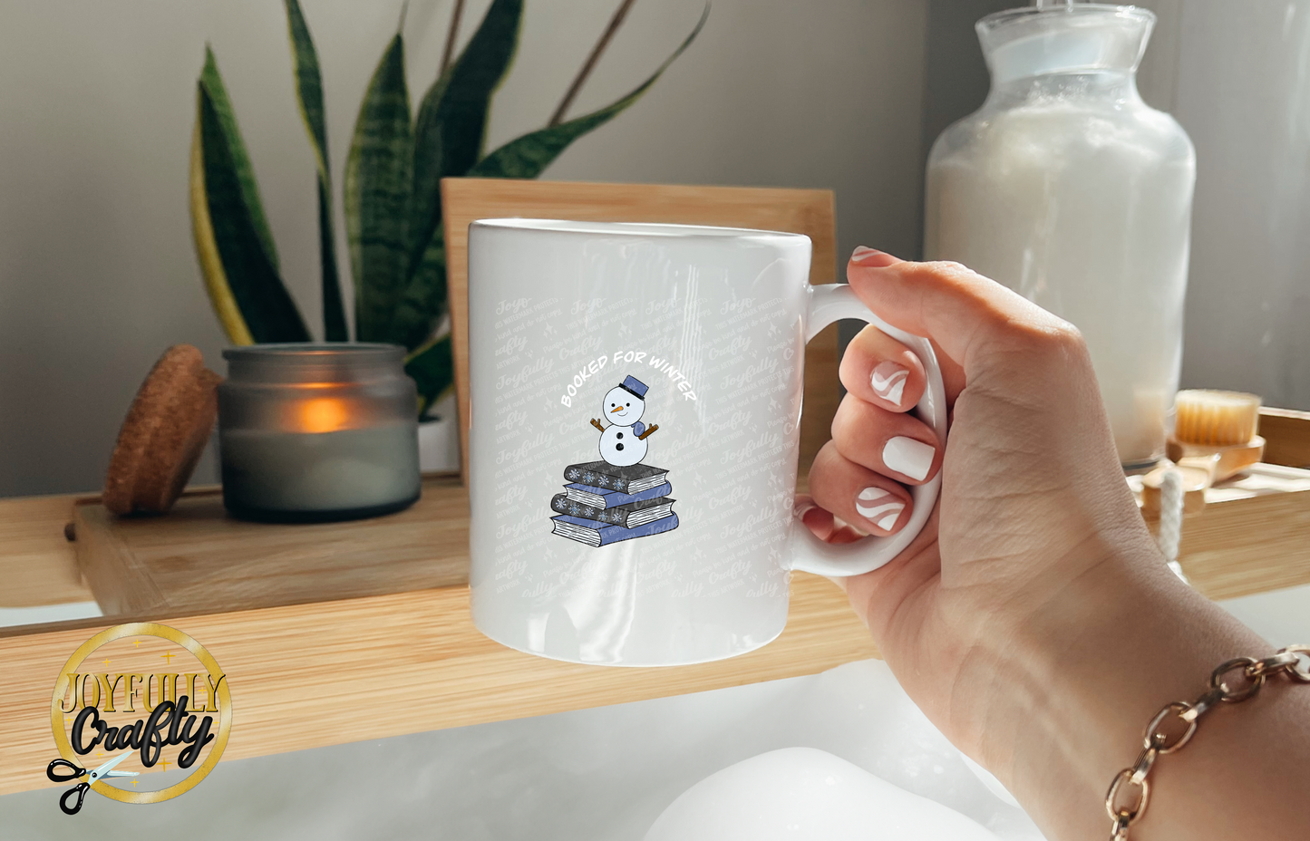 Booked For Winter Snowman White Letters Ceramic Mug