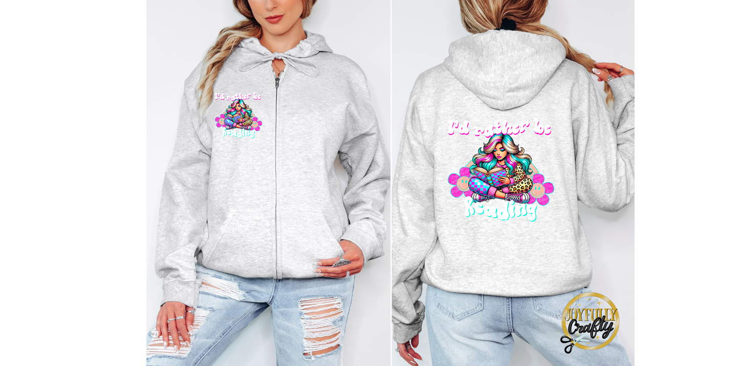 I'd Rather Be Reading Retro Adult Zip Up Hoodie Front and Back Design