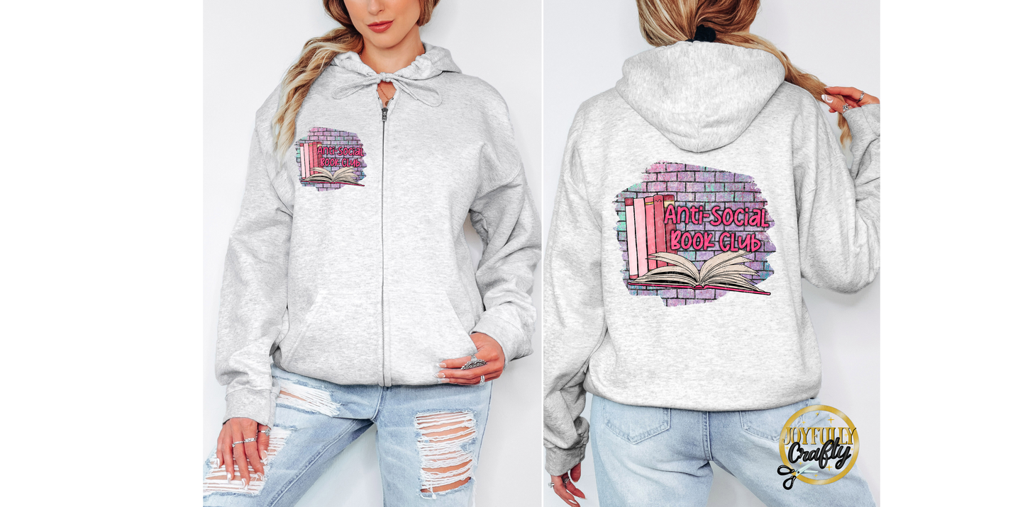 Anti Social Book Club Adult Zip Up Hoodie Front and Back Design