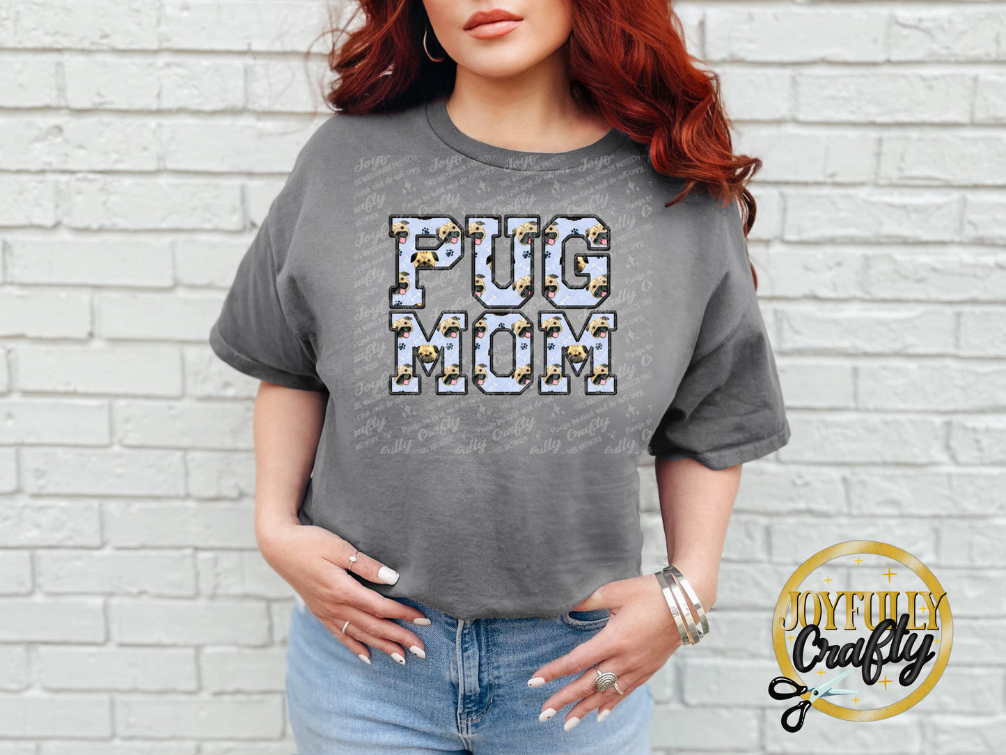 Pug Mom Faux Embroidered Adult T Shirt