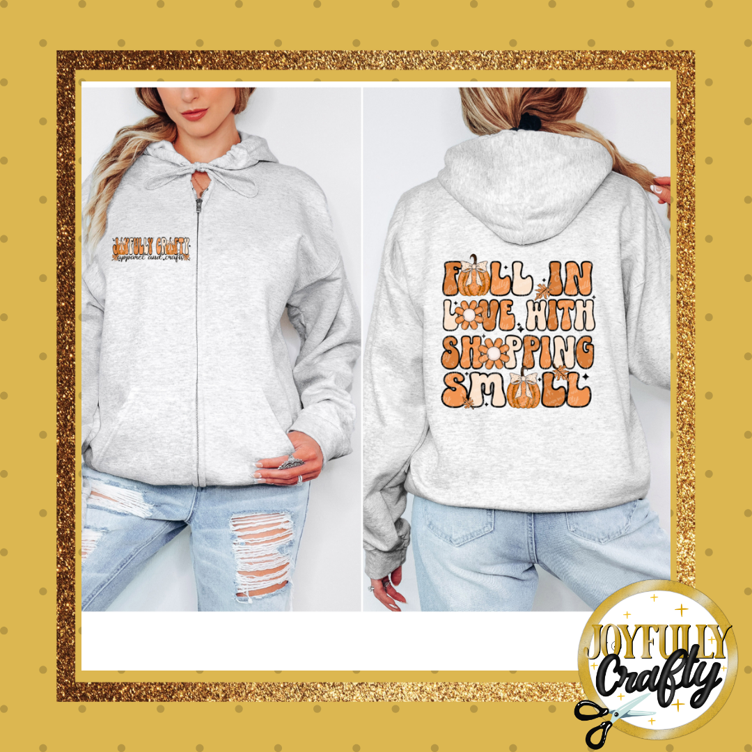 Joyfully Crafty Fall In Love Adult Zip Up Hoodie Front and Back Design