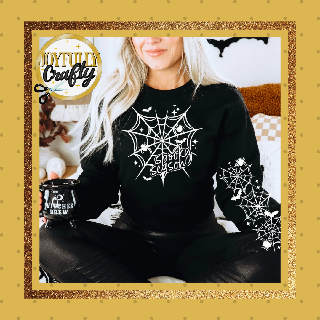 Spooky Season White Spider Web and Bats Double Sleeves Adult Long Sleeve