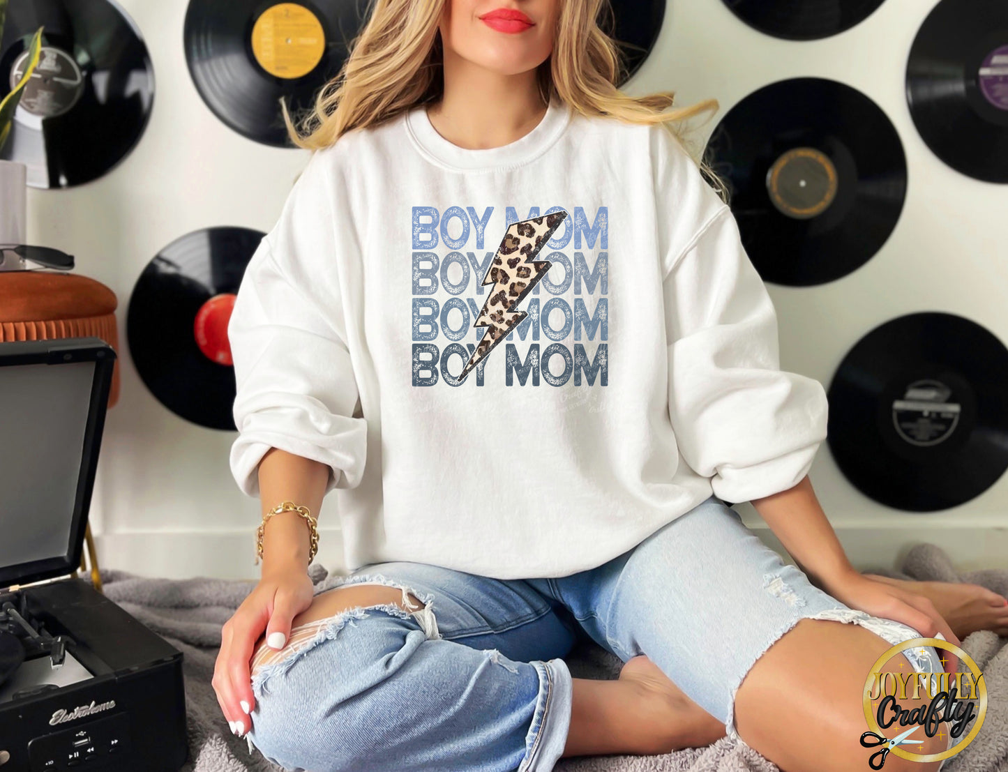 Boy Mom Distressed Bolt Adult Crewneck Sweater