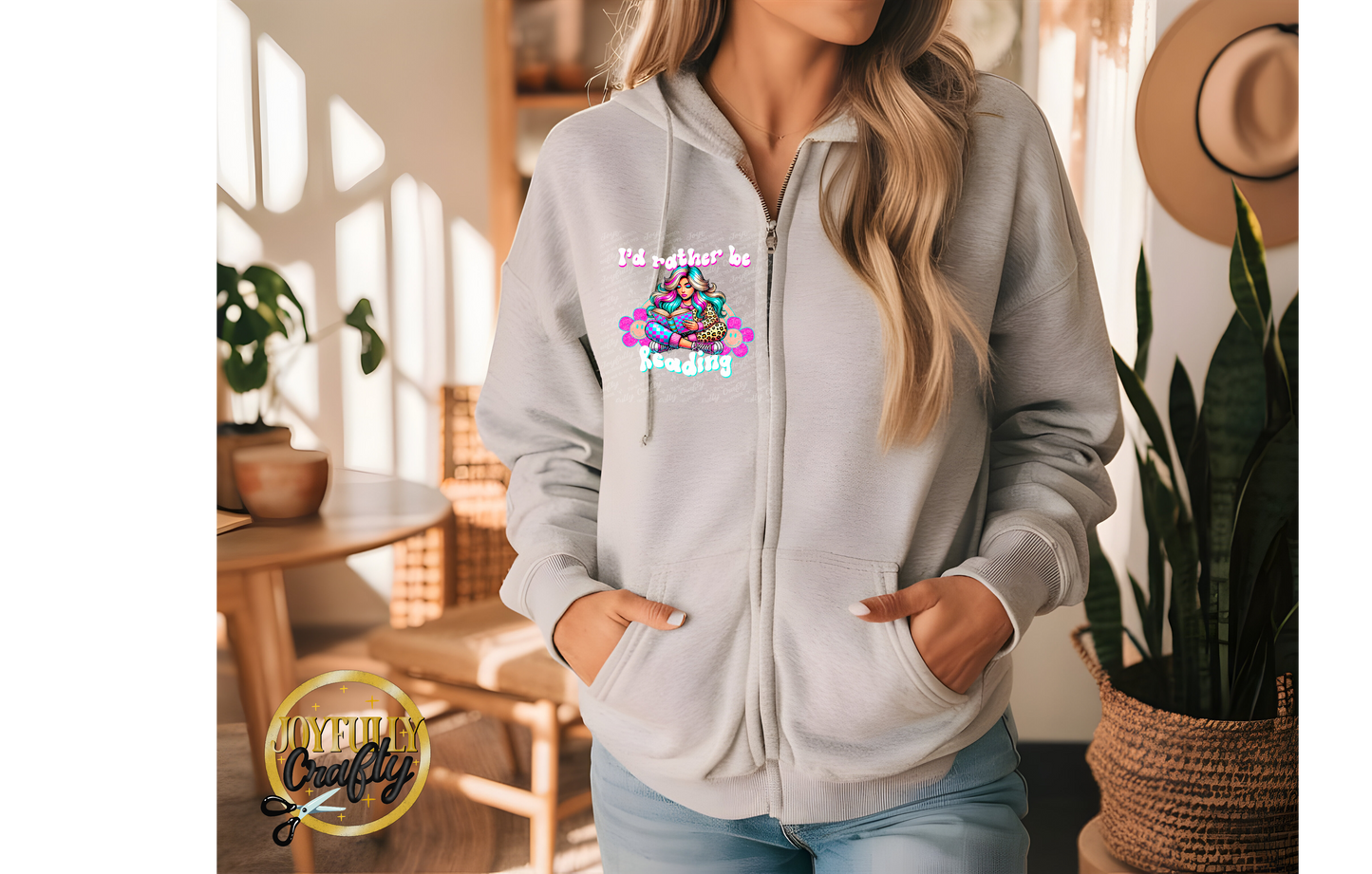 I'd Rather Be Reading Retro Adult Zip Up Hoodie Pocket Design