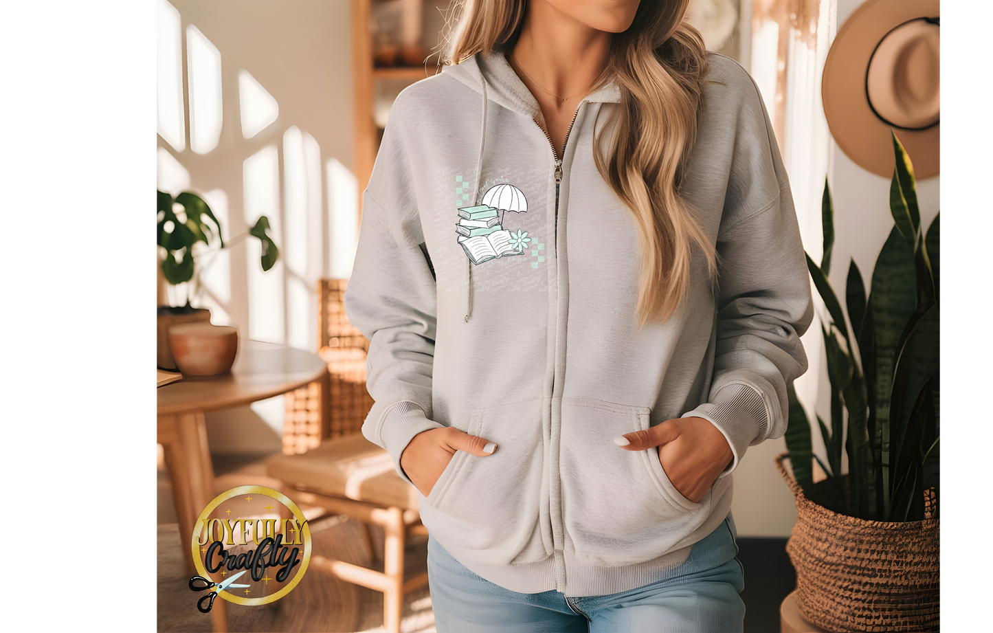 Good Books and Rainy Days Adult Zip Up Hoodie Pocket Design