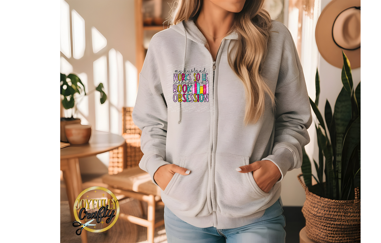 My Husband Works Hard For Books Adult Zip Up Hoodie Pocket Design