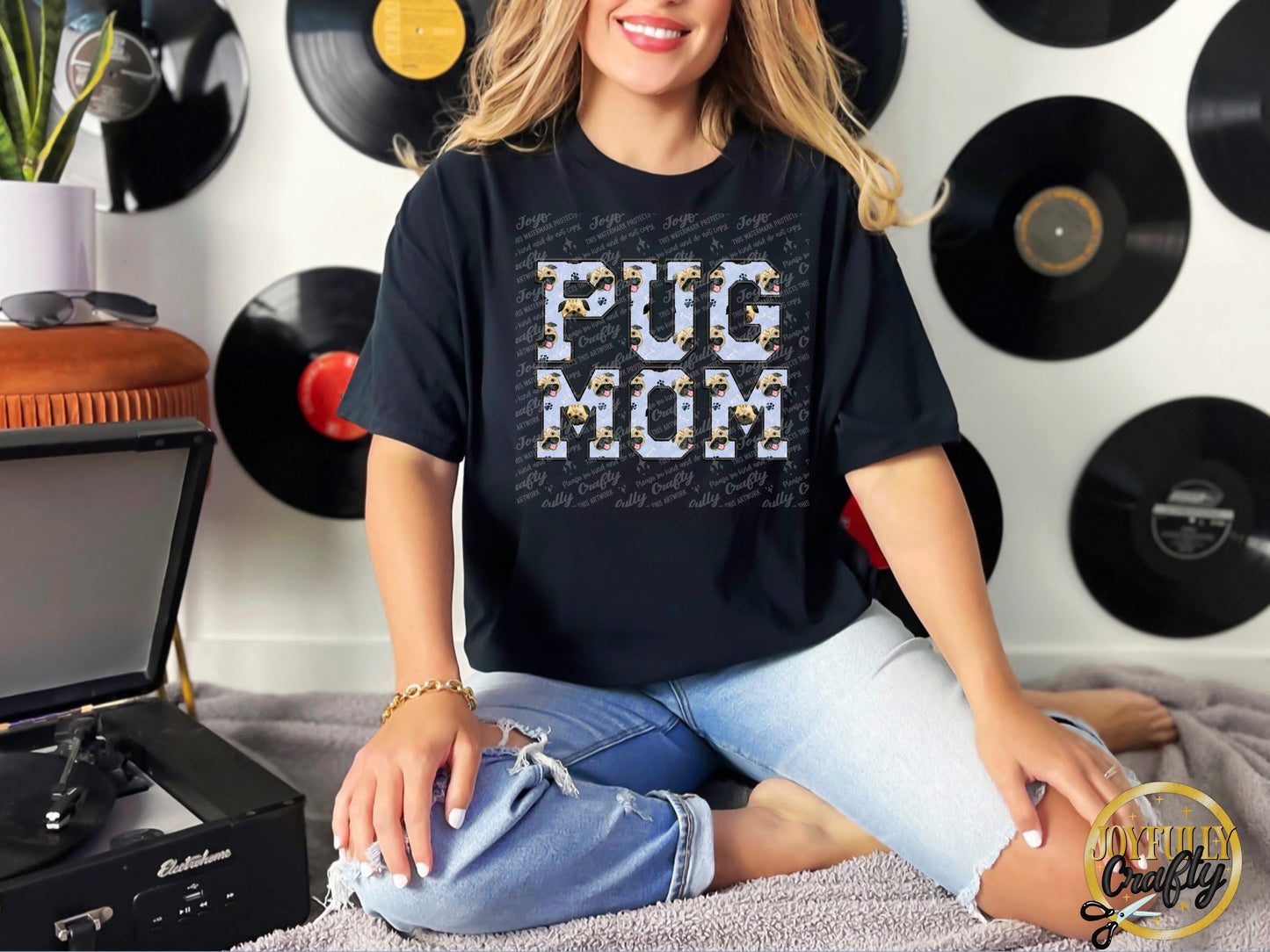Pug Mom Faux Embroidered Adult T Shirt