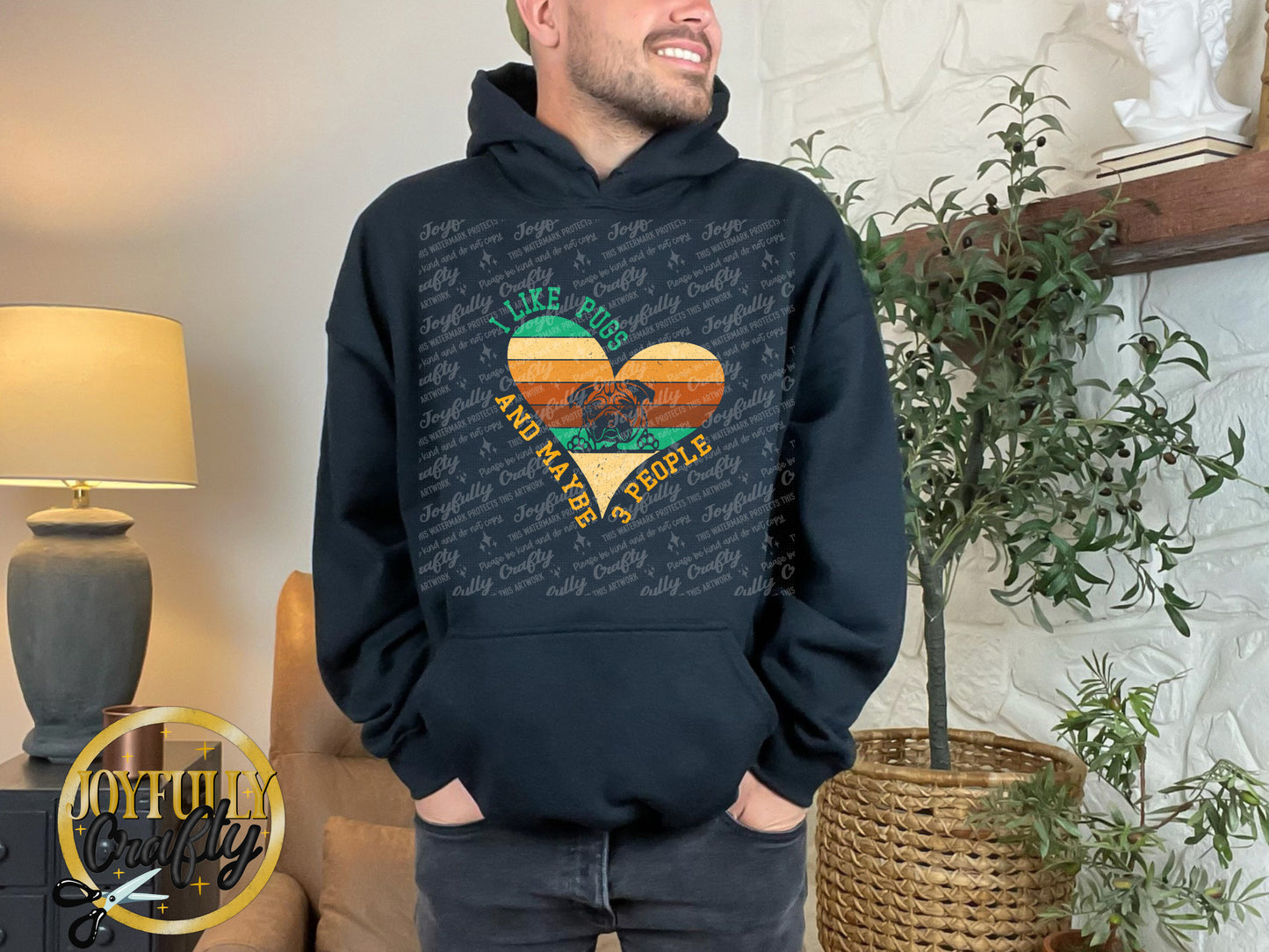 I Like Pugs And 3 People Distressed Heart Adult Hoodie
