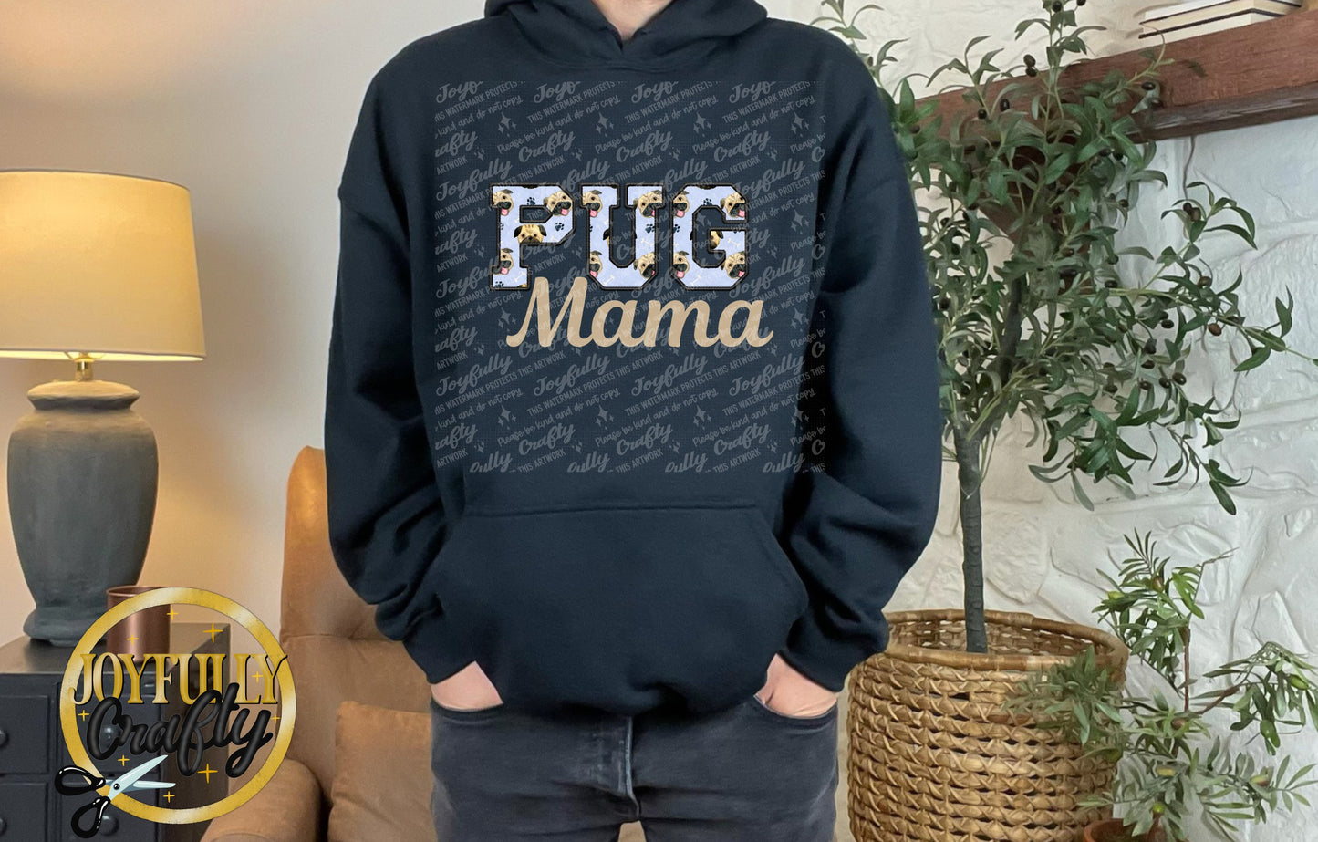 Pug Mama Faux Embroidered Adult Hoodie