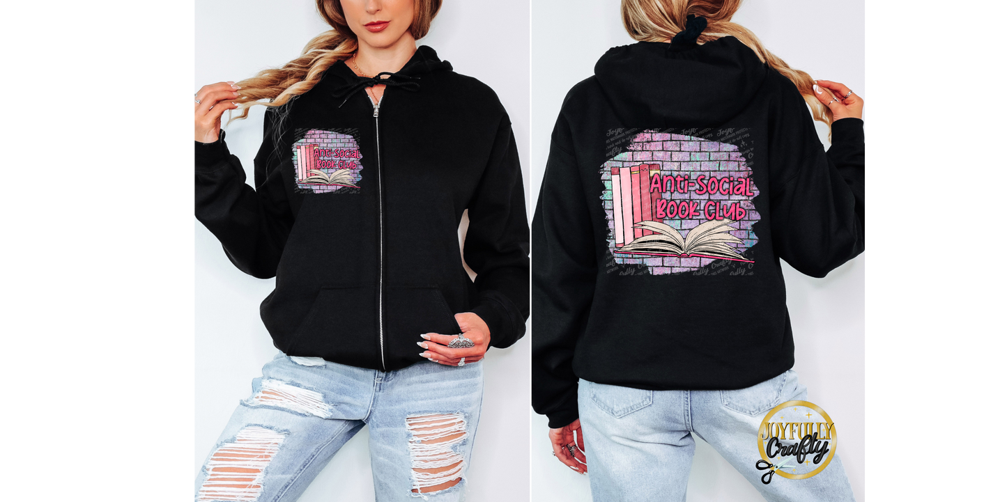 Anti Social Book Club Adult Zip Up Hoodie Front and Back Design