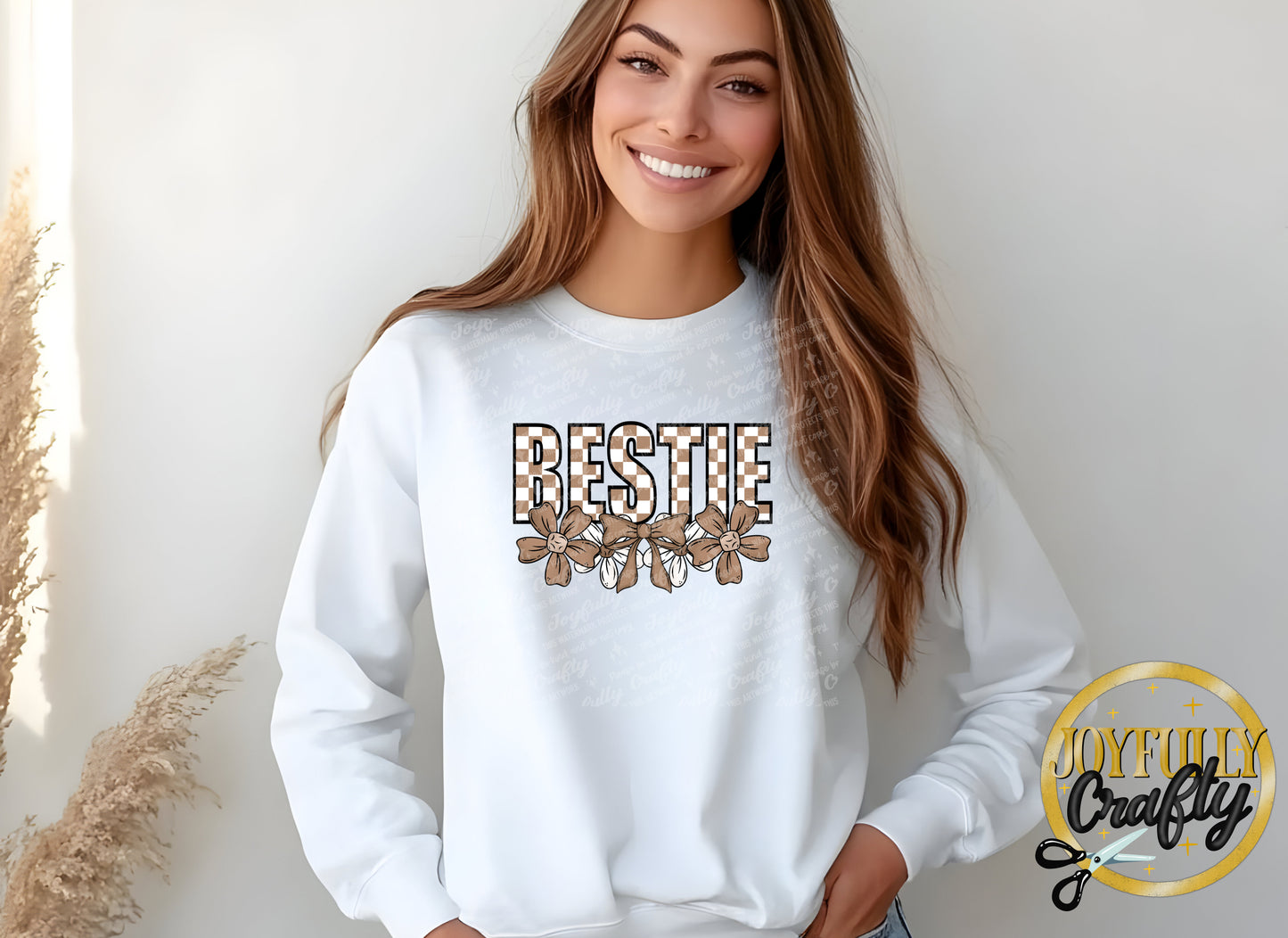 Bestie Neutral Checkered Floral Adult Long Sleeve