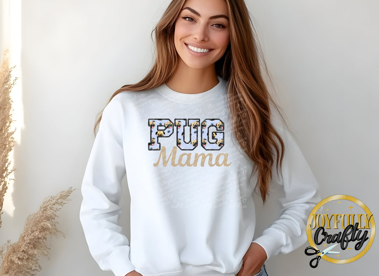 Pug Mama Faux Embroidered Adult Long Sleeve