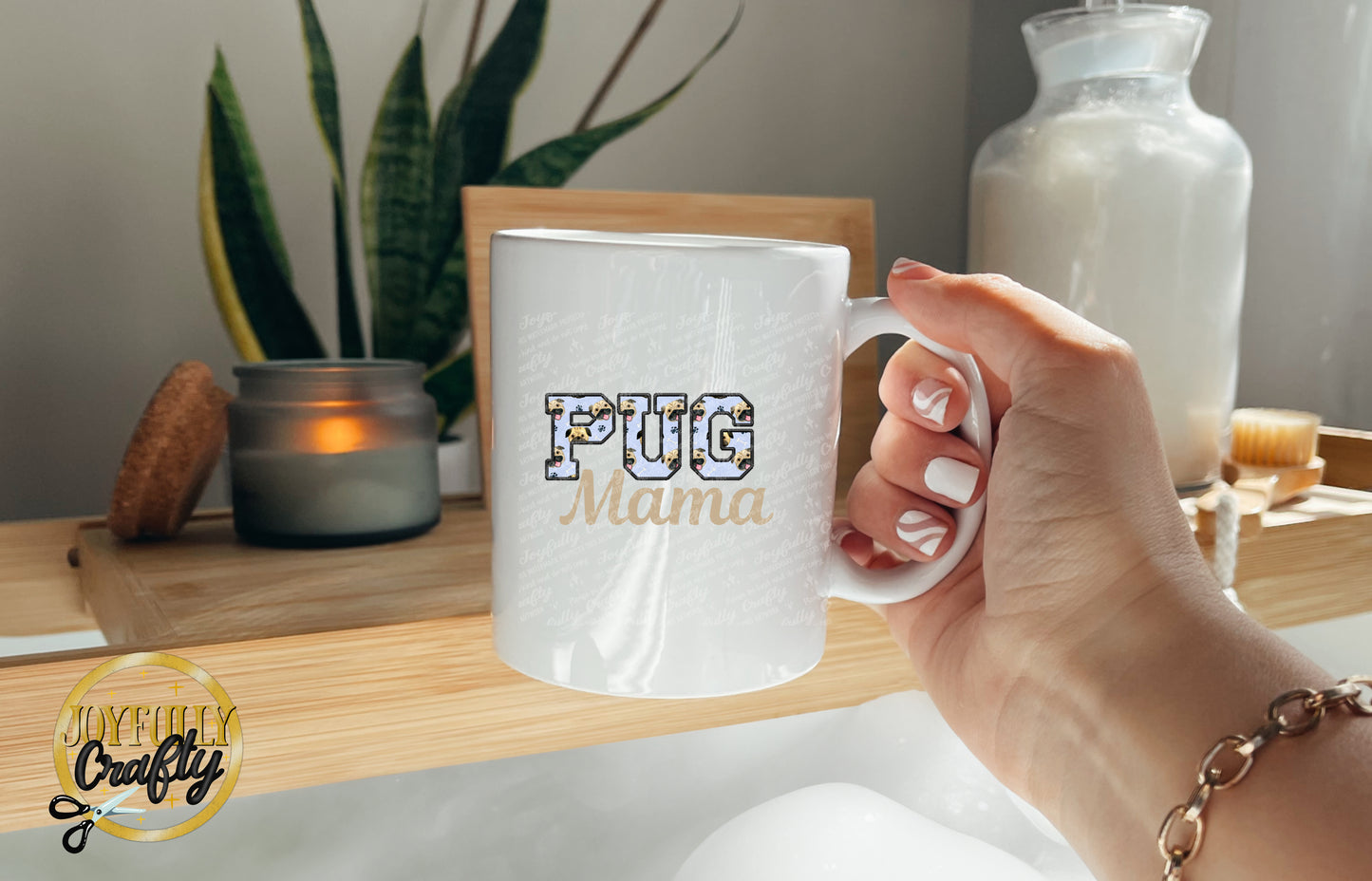 Pug Mama Faux Embroidered Ceramic Mug