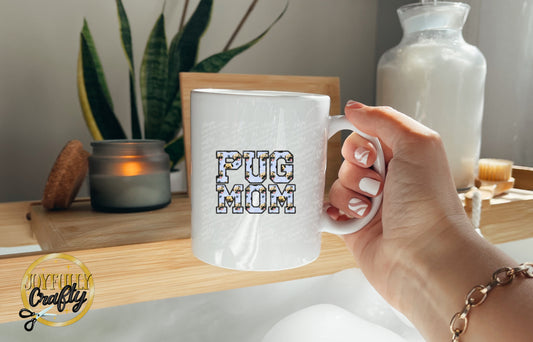 Pug Mom Faux Embroidered Ceramic Mug