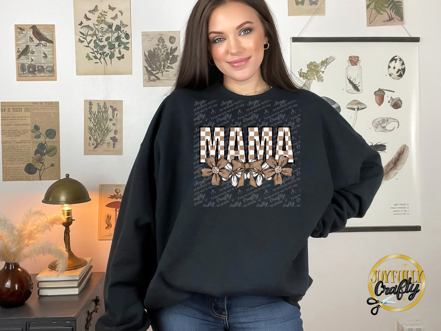 Mama Neutral Checkered Floral Adult Crewneck Sweater