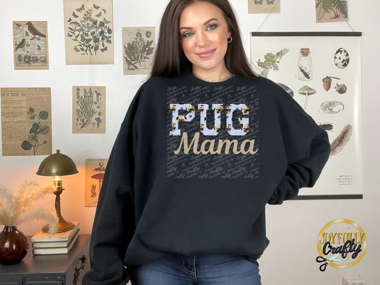 Pug Mama Faux Embroidered Adult Crewneck Sweater