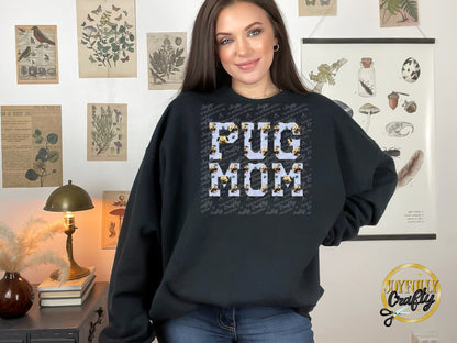 Pug Mom Faux Embroidered Adult Crewneck Sweater