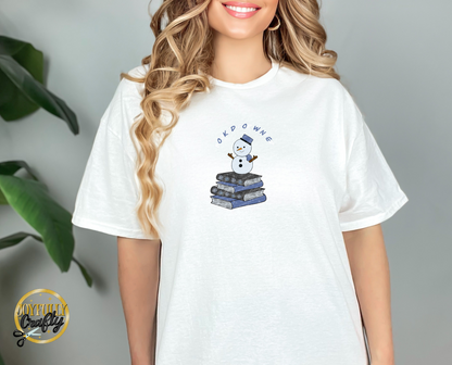 Booked For Winter Snowman Blue And White Letters Adult T Shirt