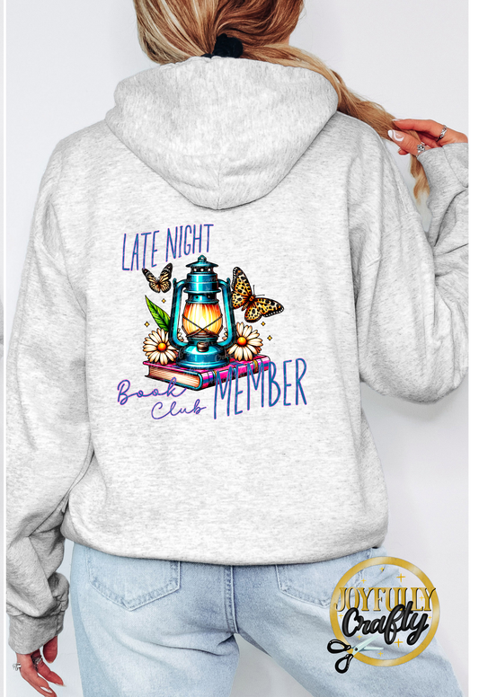 Late Night Book Club Member Adult Zip Up Hoodie Back Design