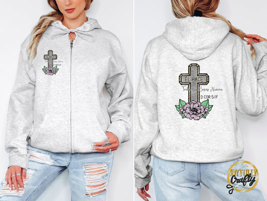 He Makes All Things New Spanish Adult Zip Up Hoodie Front and Back Design
