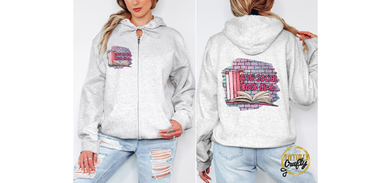 Anti Social Book Club Adult Zip Up Hoodie Front and Back Design
