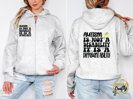 Autism Is A Different Ability Adult Zip Up Hoodie Back Design