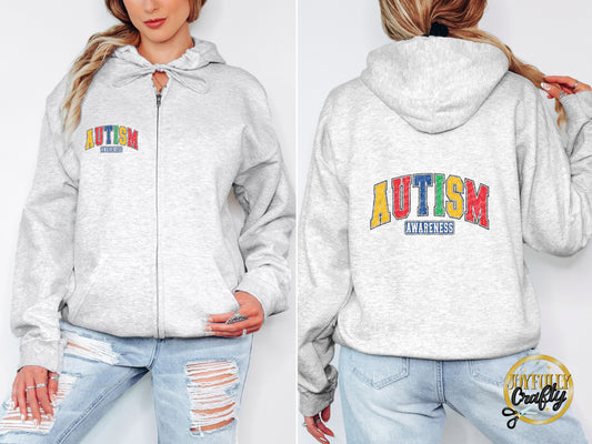 Autism Awareness Retro Distressed Blocked Letters Adult Zip Up Hoodie Back Design