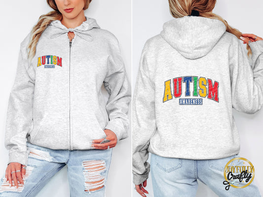 Autism Awareness Retro Blocked Letters Adult Zip Up Hoodie Back Design