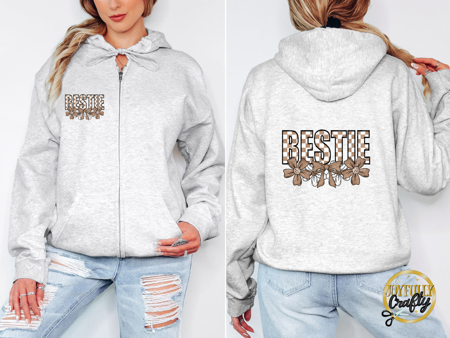 Bestie Neutral Checkered Floral Adult Zip Up Hoodie Pocket Design