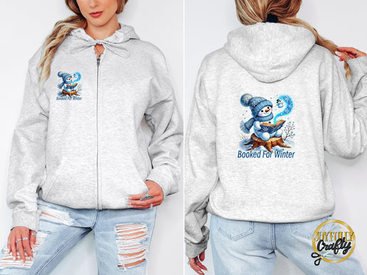 Booked For Winter Blue Snowman Adult Zip Up Hoodie Back Design