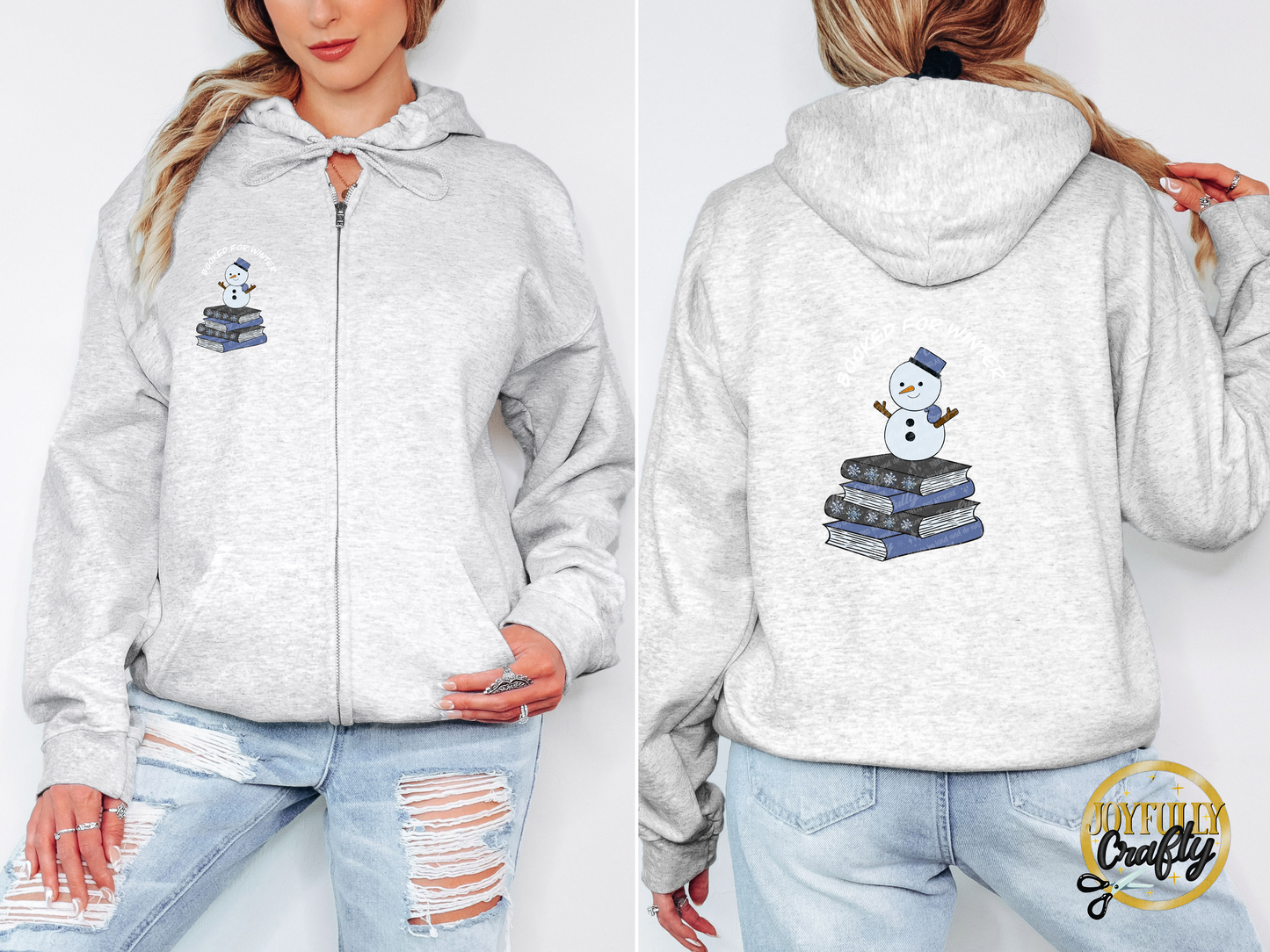 Booked For Winter Snowman White Letters Adult Zip Up Hoodie Back Design