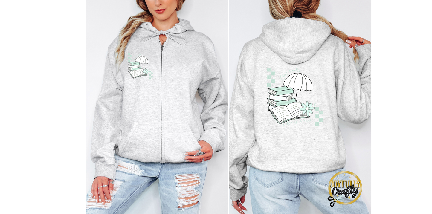 Good Books and Rainy Days Adult Zip Up Hoodie Front and Back Design