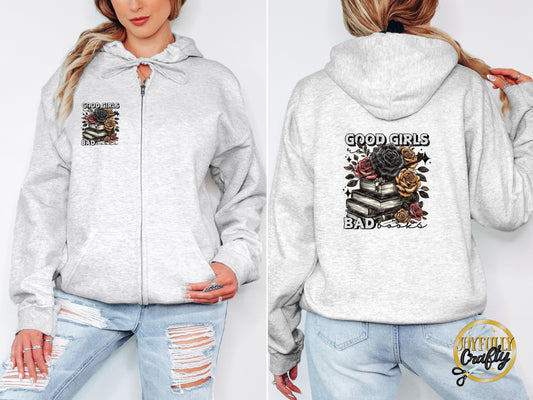 Good Girls Read Bad Books Adult Zip Up Hoodie Front and Back Design