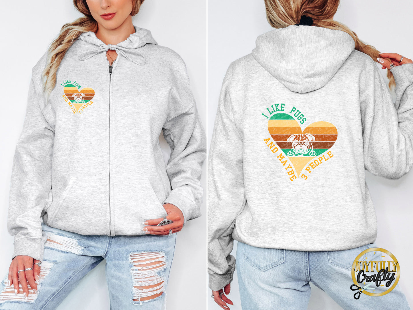 I Like Pugs And 3 People Distressed Heart Adult Zip Up Hoodie Front and Back Design