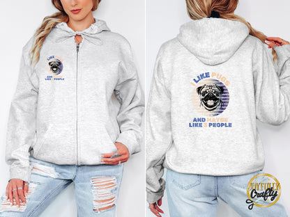 I Like Pugs And 3 People Distressed Adult Zip Up Hoodie Front and Back Design