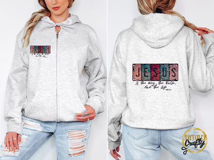 Jesus Is The Way English Adult Zip Up Hoodie Back Design