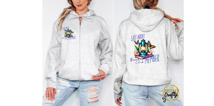 Late Night Book Club Member Adult Zip Up Hoodie Front and Back Design