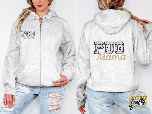 Pug Mama Faux Embroidered Adult Zip Up Hoodie Back Design