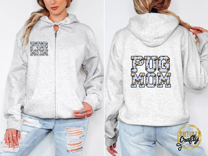Pug Mom Faux Embroidered Adult Zip Up Hoodie Back Design