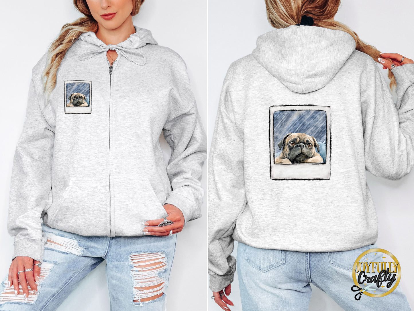 Pug Pocket Adult Zip Up Hoodie Front and Back Design