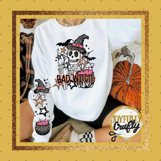 Bad Witch Vibes Skelly Pocket and Double Sleeves Adult Zip Up Hoodie