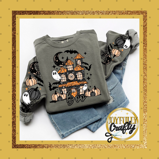Boo Haunted House Double Sleeves Adult Long Sleeve