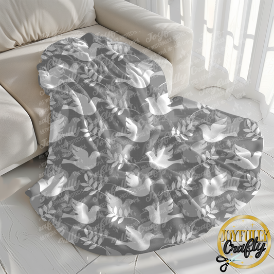 Gray and White Dove and Leaf Velveteen Blanket