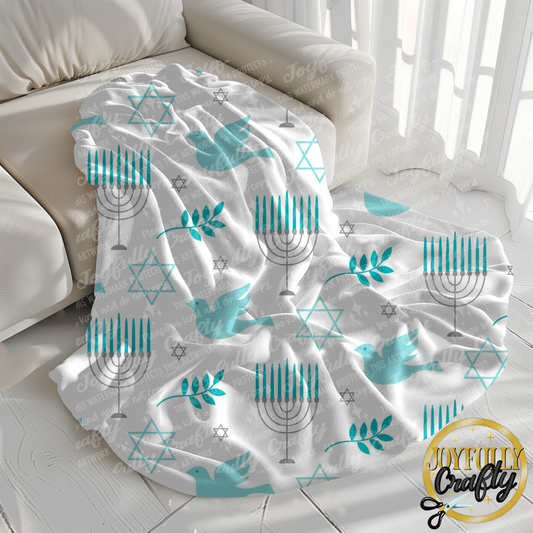 Aqua and White Dove Leaf and Star Velveteen Blanket