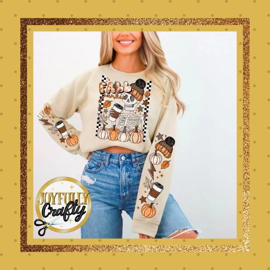 Fall Junkie Skelly Double Sleeves Adult Crewneck Sweater