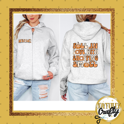 Joyfully Crafty Fall In Love Adult Zip Up Hoodie Front and Back Design