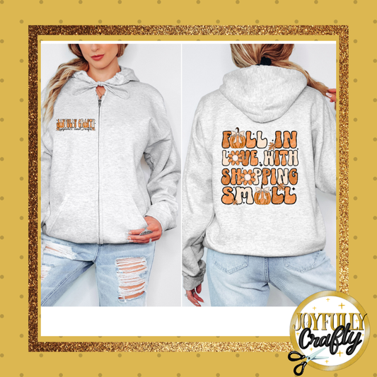Joyfully Crafty Fall In Love Adult Zip Up Hoodie Front and Back Design