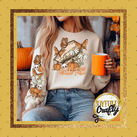 Floral Casket Hello Fall Double Sleeves Adult Crewneck Sweater