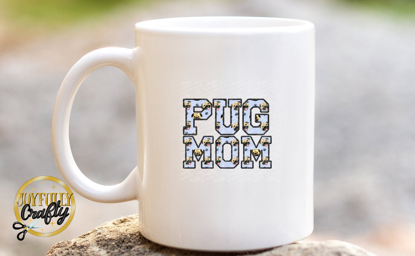 Pug Mom Faux Embroidered Ceramic Mug