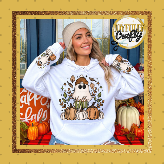 Hello Fall Ghost with Hat  Pocket and Double Sleeves Adult Zip Up Hoodie